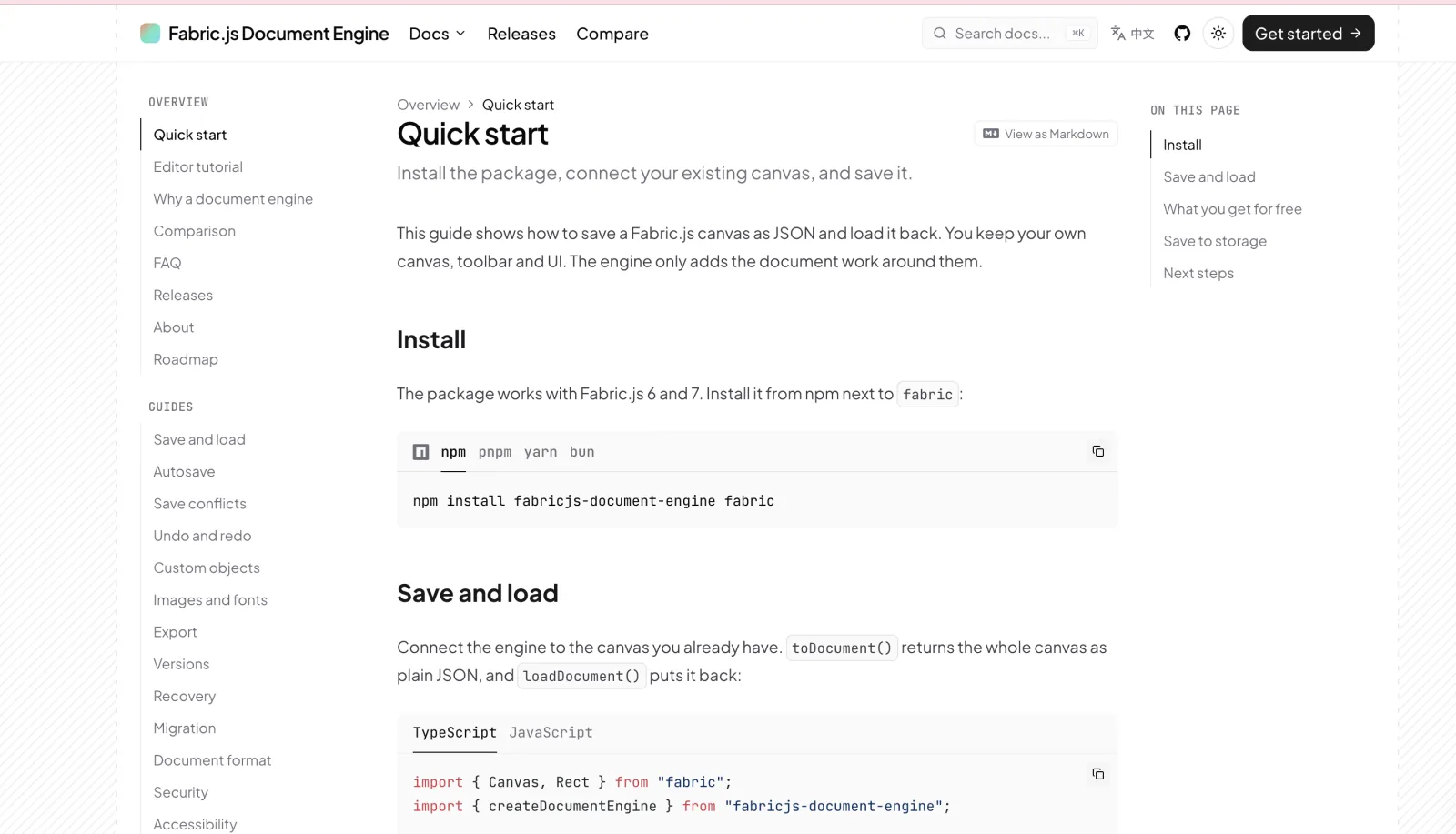 Fabric.js Document Engine 快速开始页面，包括文档侧栏、安装命令和第一个保存和加载示例
